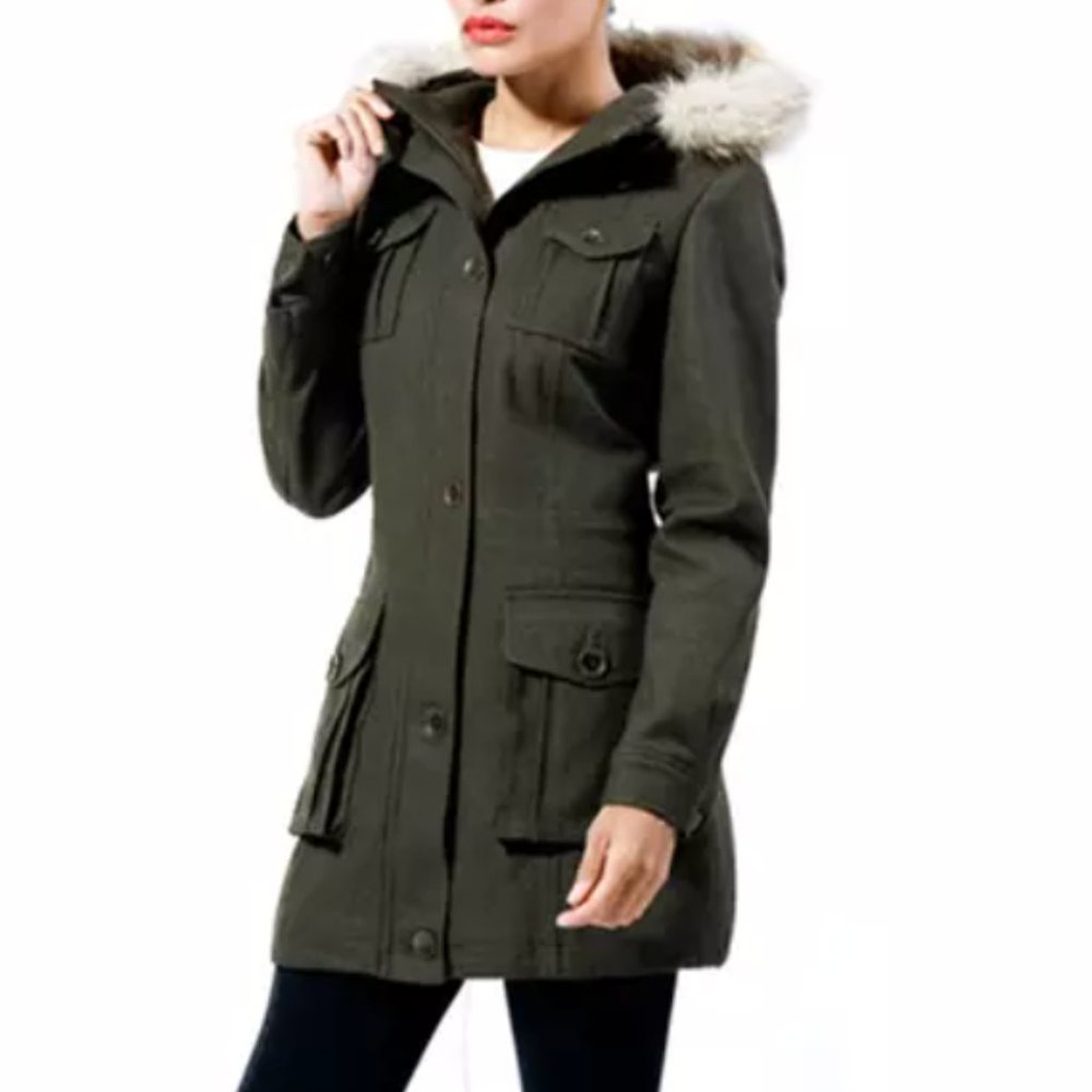 NEW Marc New York Olive Green Real Fur Trim Wool Blend Utility Peacoat
